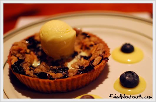 Blueberry Crumble Tart with Buttermilk Ice Cream and Lemon Curd Sauce