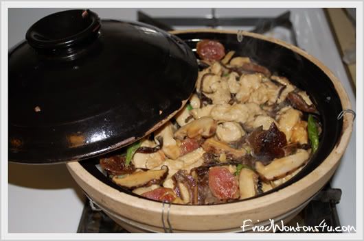 Claypot Rice with Dried Scallop and Dried Shrimp Topped with Chicken, Wood Ear Mushroom, Shitaki Mushroom, and Chinese Sausage