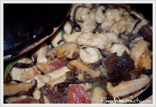 Claypot Rice with Dried Scallop and Dried Shrimp Topped with Chicken, Wood Ear Mushroom, Shitaki Mushroom, and Chinese Sausage