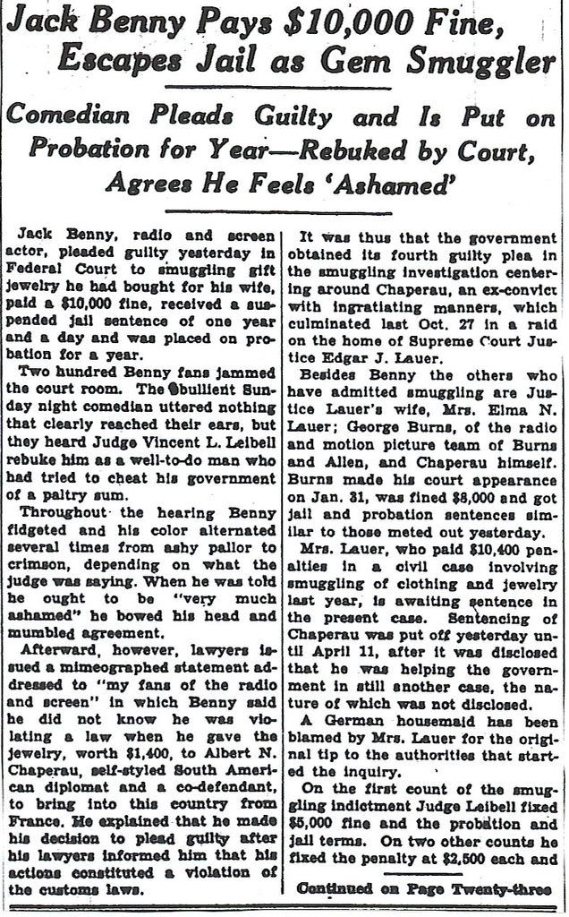 Jack Benny Pays $10,000 Fine, Escapes Jail (4/5/39)