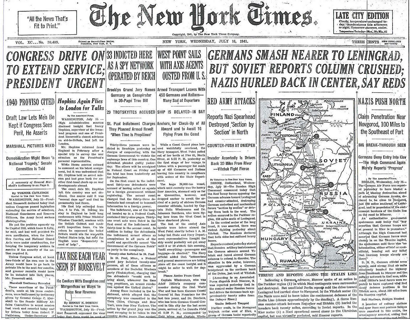 GERMANS SMASH NEARER TO LENINGRAD, BUT SOVIET REPORTS COLUMN CRUSHED (7 ...