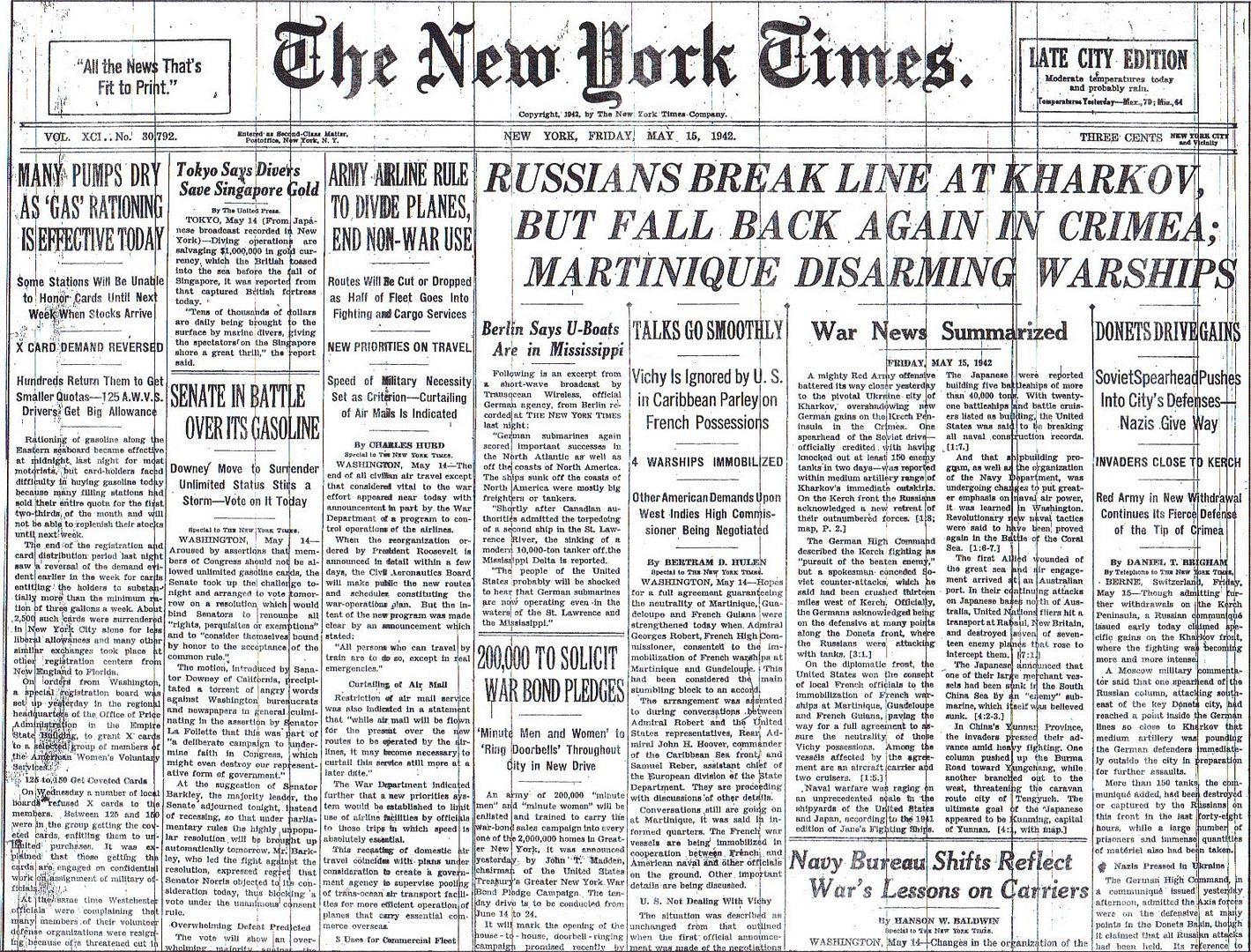 RUSSIANS BREAK LINE AT KHARKOV, BUT FALL BACK AGAIN IN CRIMEA (5/15/42)